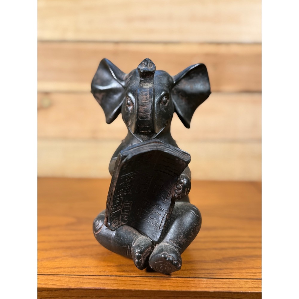 Elephant Reading Book Figurine Antiqued Black Copper Library Decor 6in
